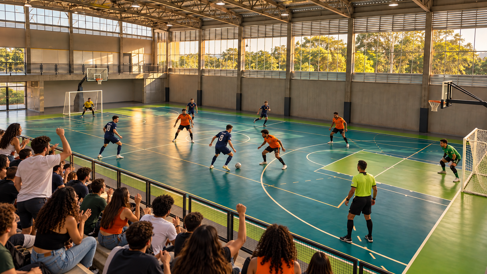 Partida de futsal em quadra coberta, com atletas em jogo e torcedores na arquibancada